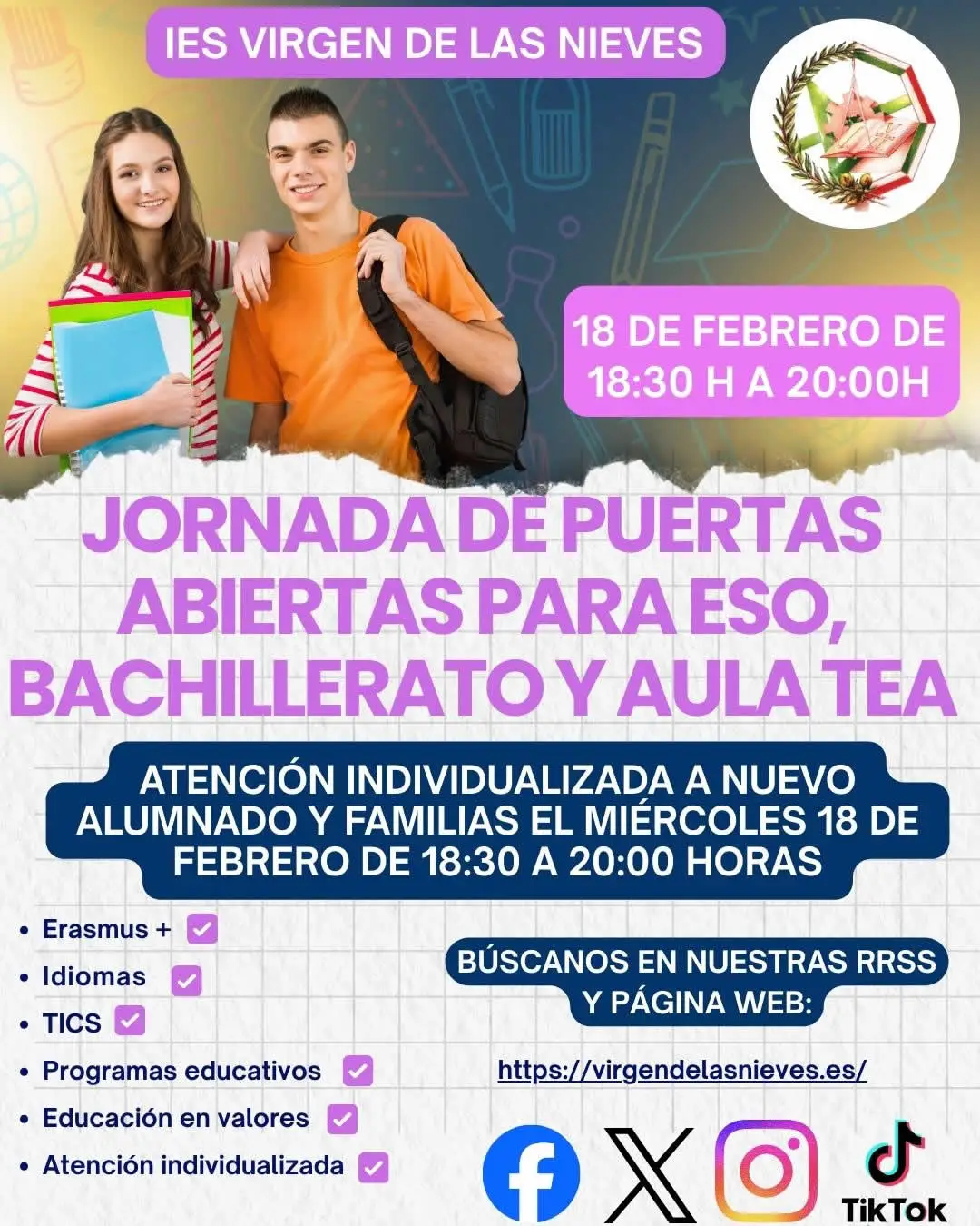 Cartel de las Jornada de Puertas Abiertas para ESO, Bachillerato y Aula TEA 2026